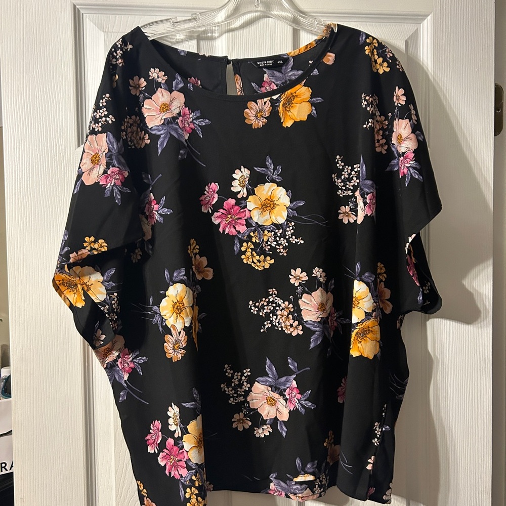 SHEIN Black Floral Short-Sleeve Blouse with Yellow & Pink Flowers - Picture 2 of 5